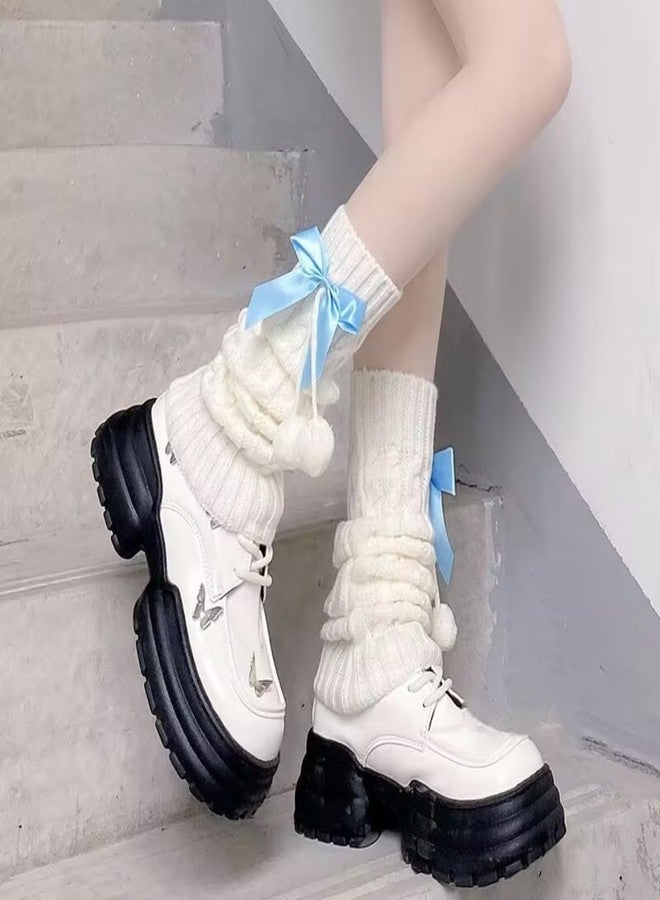 CazDopaM Cute Lolita leg covers Japanese Style Knitted Warm Bow Socks with Pom-Poms White Slouch Socks for JK Uniform (pink) - Image 4